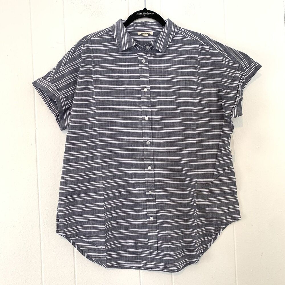 Goodthreads Womens‎ Large Shirt Button Up Chambray Stripes Blue Short Sleeve NEW